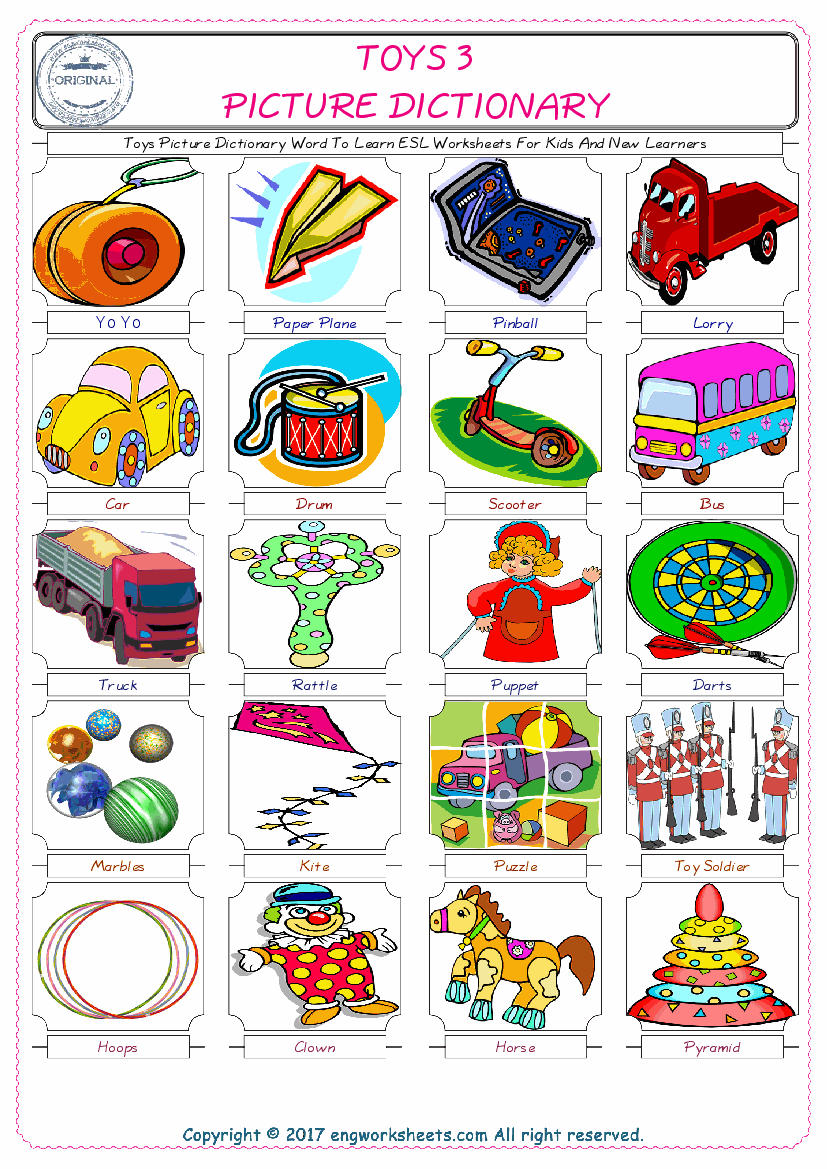  Toys English Worksheet for Kids ESL Printable Picture Dictionary 